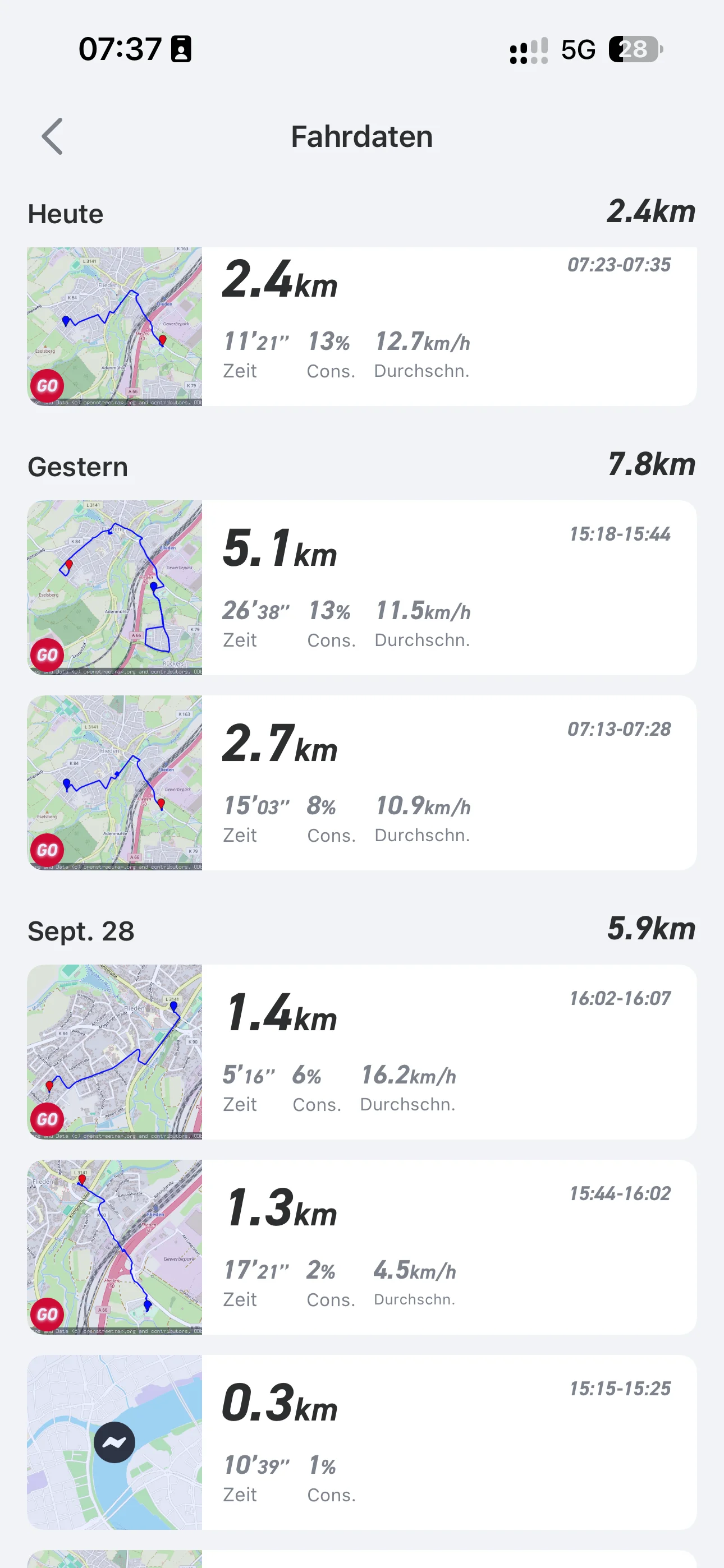 Niu App mit dem Streckenverlauf